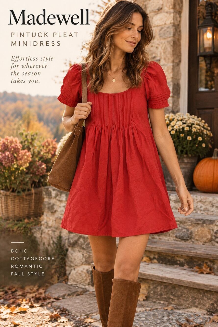 Boho Luxe Romantic Cottagecore Madewell Pintuck Pleat Mini Dress Clay Red XS